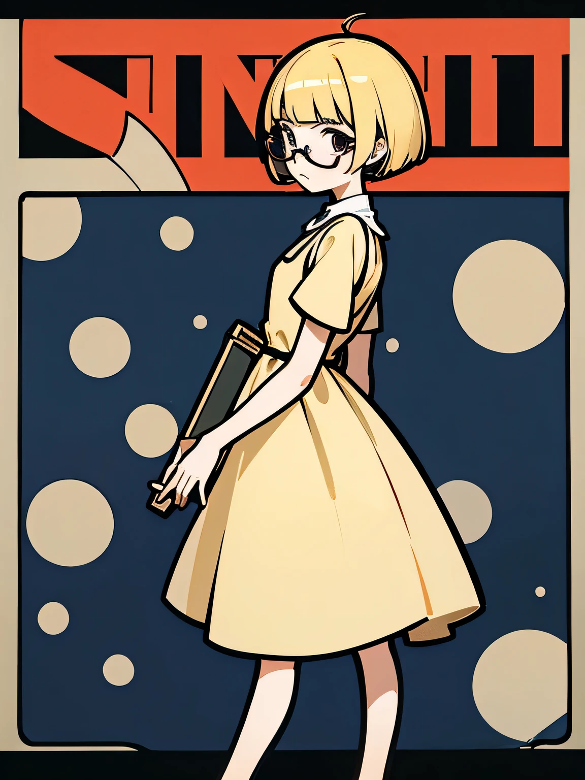 sideview,Alone,(looking at viewer), adorable, very fine hair,fullbody,blond short pixiecut,(blunt bangs ), dress,glasses,(comic core:1.3),(illustration),