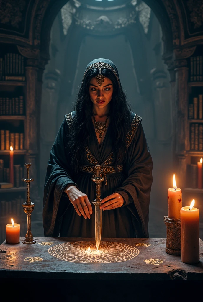 the witch prepares for the ceremony ,  puts the items for the ceremony on a special table, magic candles , a knife,  Magic symbols 