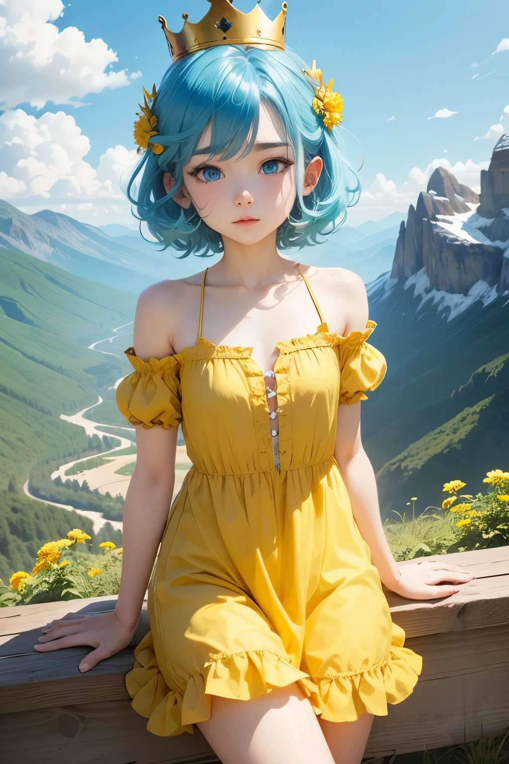 Femboy, otoko no ko,( 15 old years)(blue aqua hair), short hair, flat chest, sexy body, cute face, Shy face, blue eyes, frilled dress, short dress, yellow dress, golden crown queen, mountain flower background frame