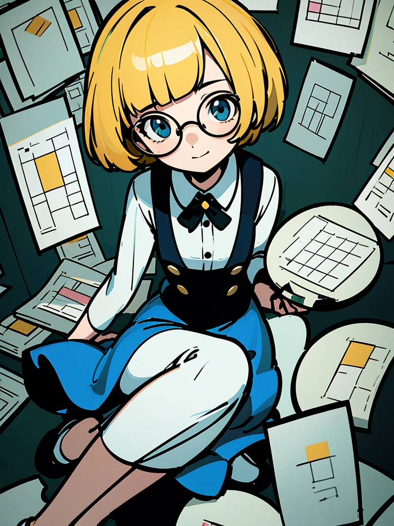 Alone,sitting,(looking at viewer), adorable, very fine hair,fullbody,blond short pixiecut,(blunt bangs ), dress,glasses,(comic core:1.3),(illustration),