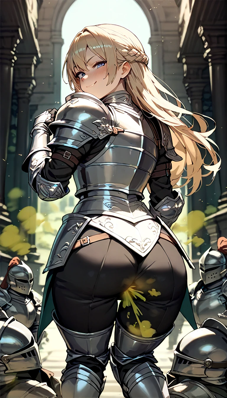 ((A blonde warrior, from the back, wearing a short skirt at her butt, showing her butt, shot from below, wearing plate armor, steel gauntlets, steel gloves and steel cuirass, looking back, wearing a skirt)),blue skirt, very detailed skirt, (she doesn't wear underwear, skirt showing big stuffed, pert, round ass, pussy showing, smooth pussy showing from below, (skirt up), wind lifting skirt, sexy possession), medieval fantasy, d&d, RPG, masterpiece, best quality, 8K, ultra realistic. The most desired girl in the world has transcendental beauty, with expressive eyes, light green eyes, arched eyebrows, sensual lips and radiant skin. Her facial structure is symmetrically perfect, with delicately sculpted cheekbones and a refined chin.