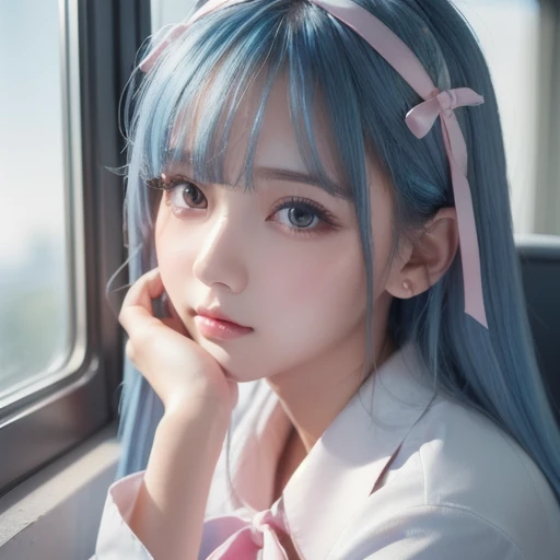 (  Details beautiful eyes and   Details face, Masterpiece side light, Masterpiece,  best quality ,   Details,   high resolution illustration), ( 1 girl,  Beautiful Girls,  Shiny Skin,  Look Down,  stare at viewers), (  long sky blue hair ,  pink eye ,  skirt , ribbon,  button-down shirt ) 45 degrees,  top view ,   sideways, (Hand Details )