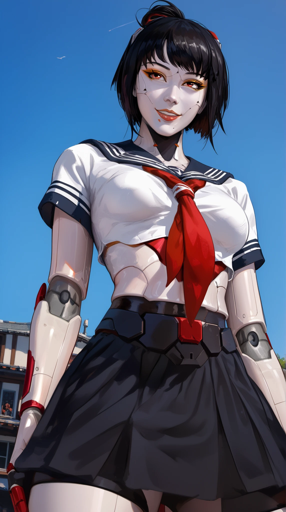 tsukiv2, Android, medium round breasts, black short hair, white skin, skirt Focus, Very low angle, bottom UP view, hands lifting skirt, serafuku, red tie, underboob, naughty, naughty expression, sexy smile, seductive, looking to the viewer, semi realistic art style, Cartoon, outdoor, 