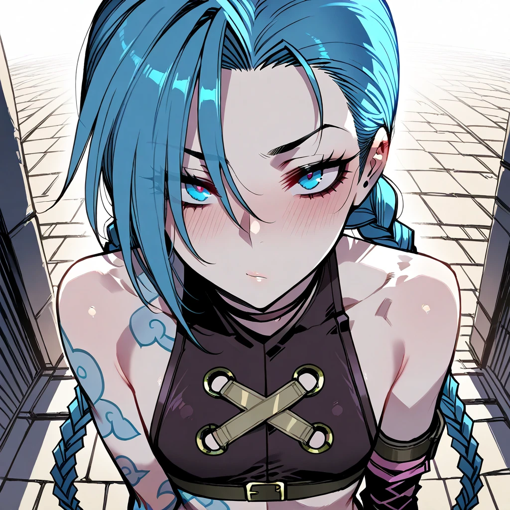 1girl, pale skin, blue hair, chocker, blue eyes, long blue twin pigtails, tattos, crop top, ratatatat74, masterpiece, extremaly detalied eyes, perfect hands, perfect eyes, perfect, high quality, jinx, arcane, jixn from arcane, looking at viewer, simple white background, curious face, curious expression, tilting head to the right side, (e.g., Background: dark alleyway, zaun arcane alleyways, outdoor), looking down at viewer
