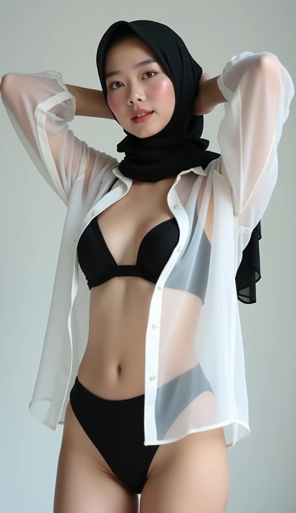 a girl wearing black hijab at home.. wearing white oversize wet crop top.. wearing white FACEMASK.. wearing g string underwear only.. no pants.. she in the bathroom and fully wet... her hands straight above her head.. she was wet in the bathroom.. soft stomach.. less lighting