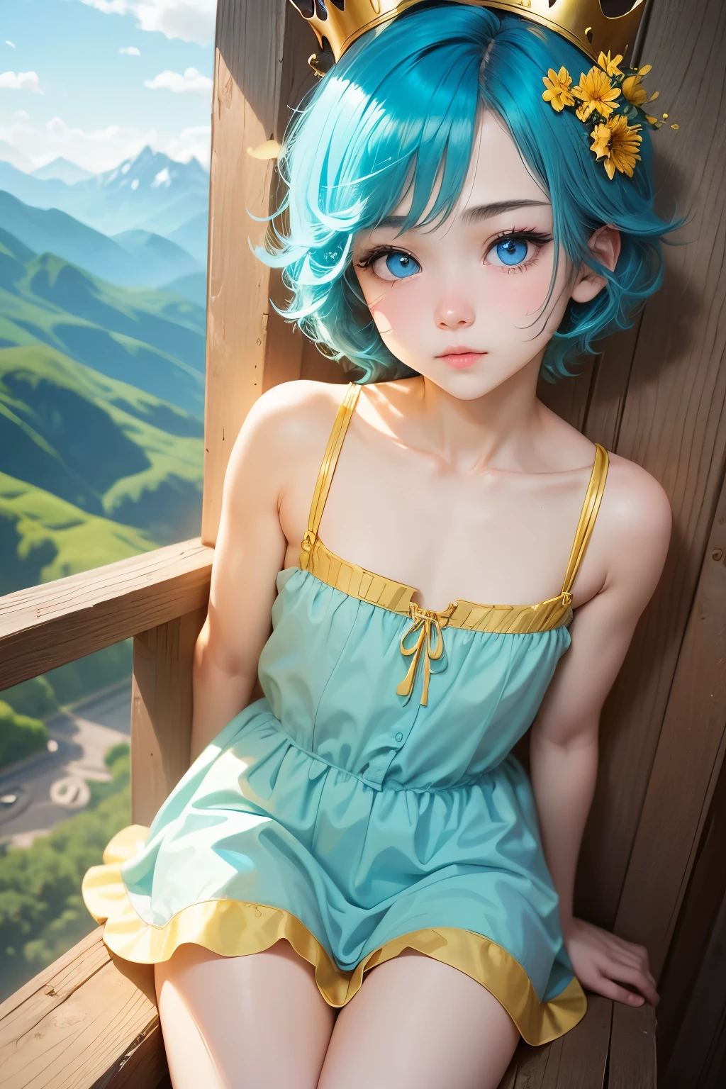 Femboy, otoko no ko, (blue aqua hair), short hair, flat chest, sexy body, cute face, Shy face, blue eyes, frilled dress, short dress, yellow dress, golden crown queen, mountain flower background frame