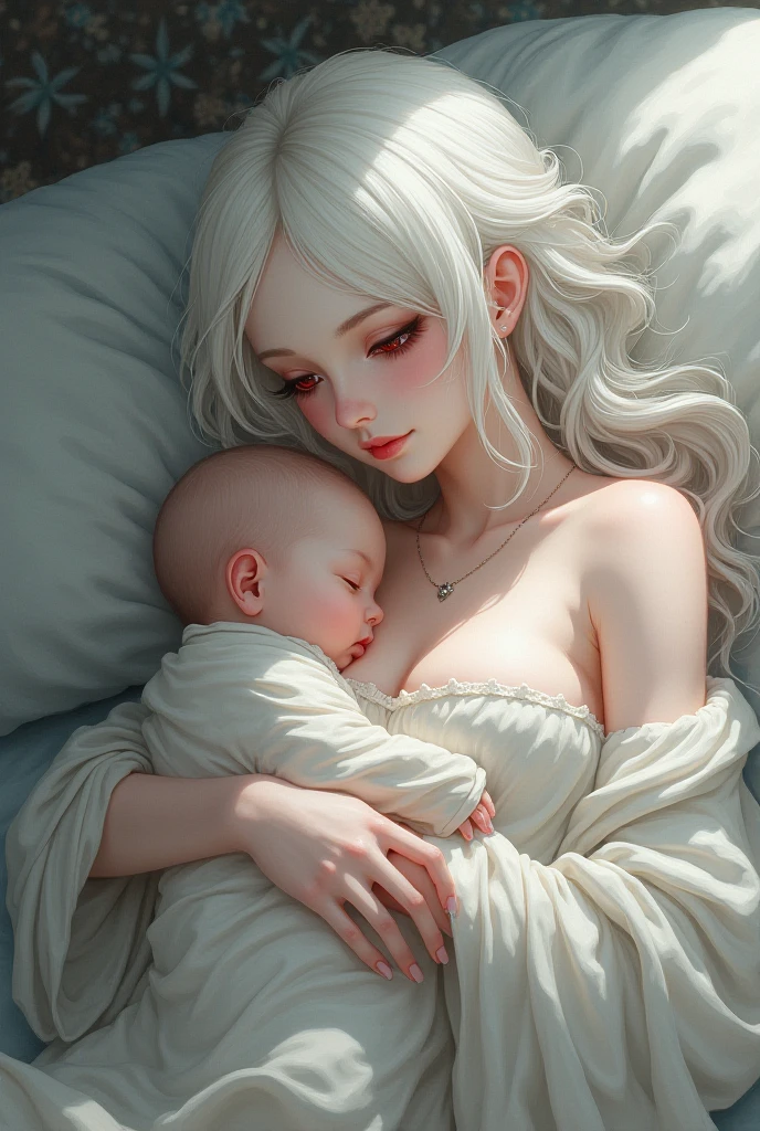 (best quality, high-resolution:1.5), 2 subjects, mother with 3--old bher with radiant smile, white hair, perfect figure, baby with soft skin, tiny hands, wide-eyed, cherubic cheeks, soft focus on mother's face, details on baby's tiny toes, studio lighting, warm colors, soft shadows, tender moment, soft blankets, close-up, mother's eyes filled with love, mother holding baby close, mother's hand gently stroking baby's back, baby's tiny clothes, mother's white hair cascading down, mother's clothes lightly wrinkled from holding baby, warm and cozy atmosphere