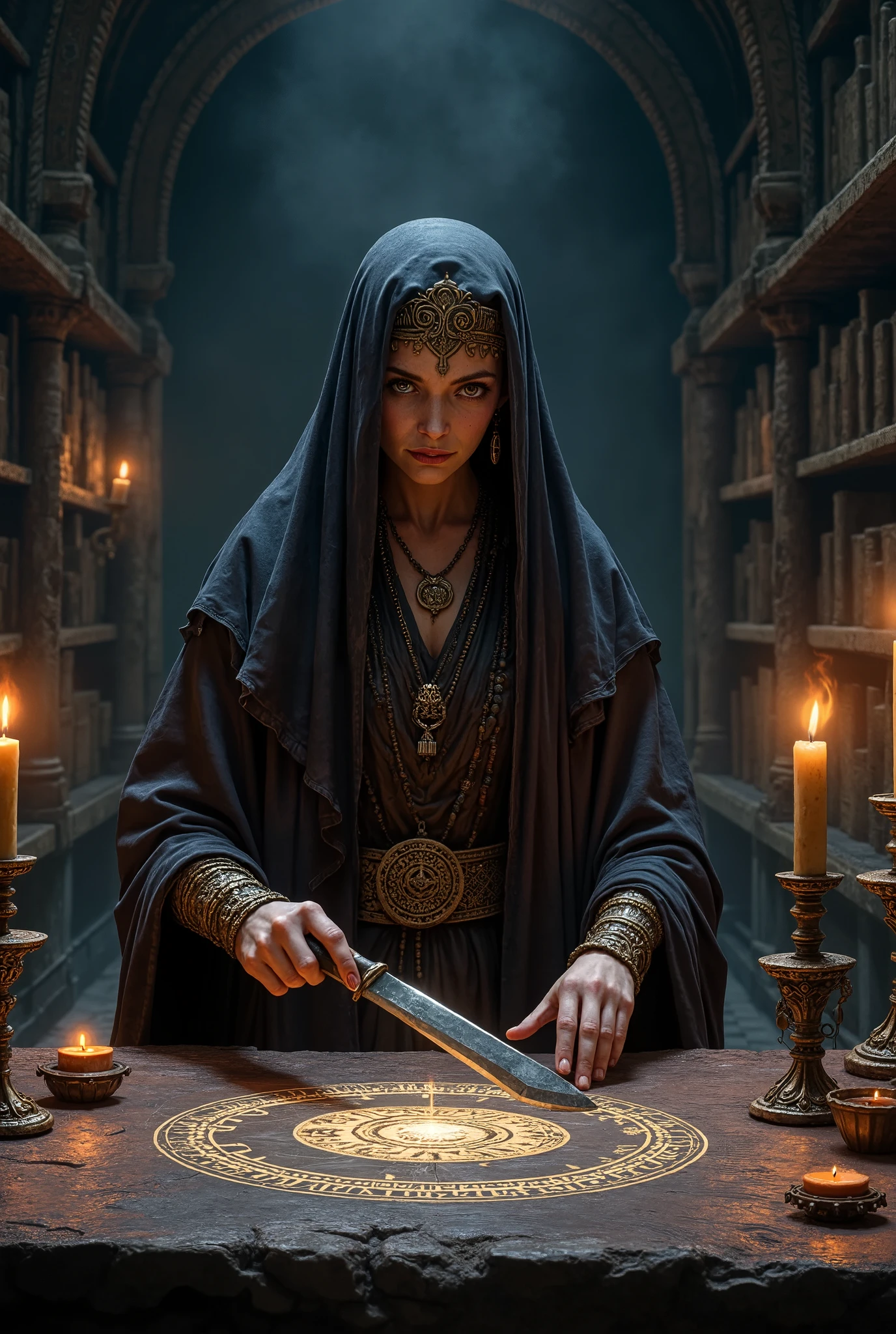 the witch prepares for the ceremony ,  puts the items for the ceremony on a special table, magic candles , a knife,  Magic symbols 