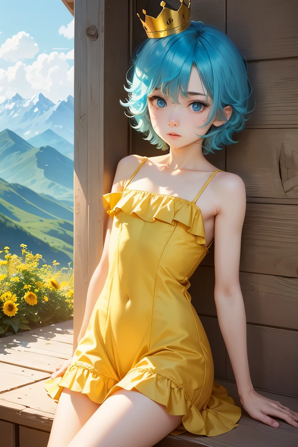 Femboy, otoko no ko,( )(blue aqua hair), short hair, flat chest, sexy body, cute face, Shy face, blue eyes, frilled dress, short dress, yellow dress, golden crown queen, mountain flower background frame