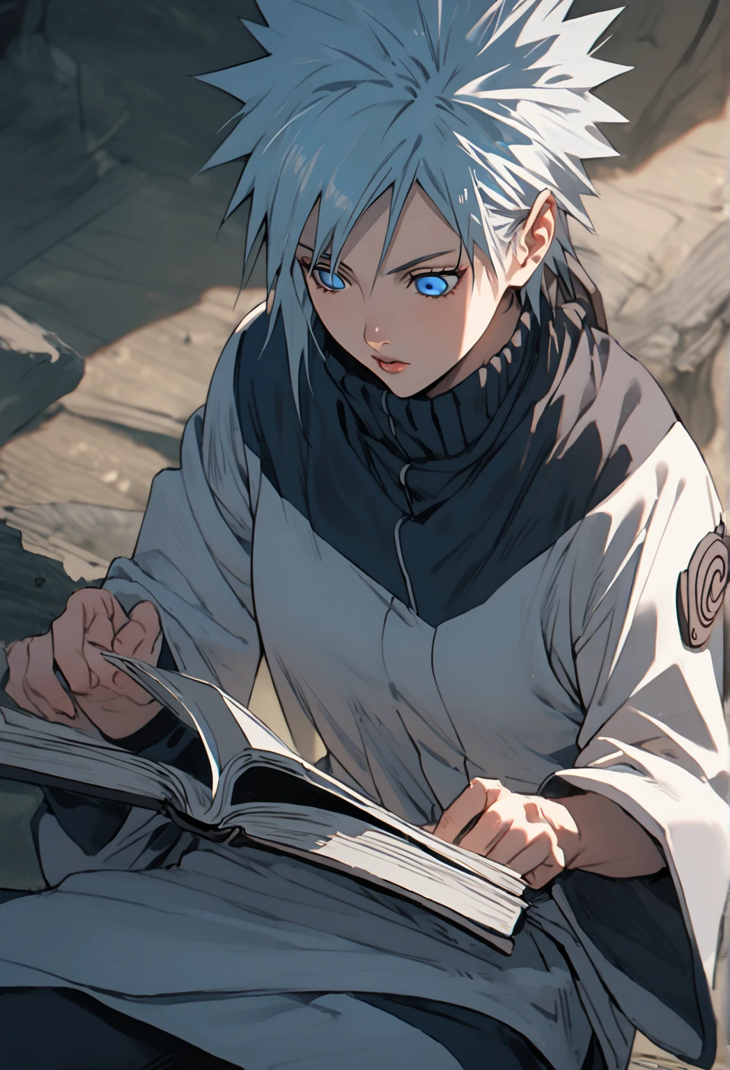 1 , Alone, naruto,  Spiked hairstyle ,  Hair in front of the ears, rubio, Blue eyes, ANBU clothing ,  shinobi breasts , ninja,  reading a gray book  