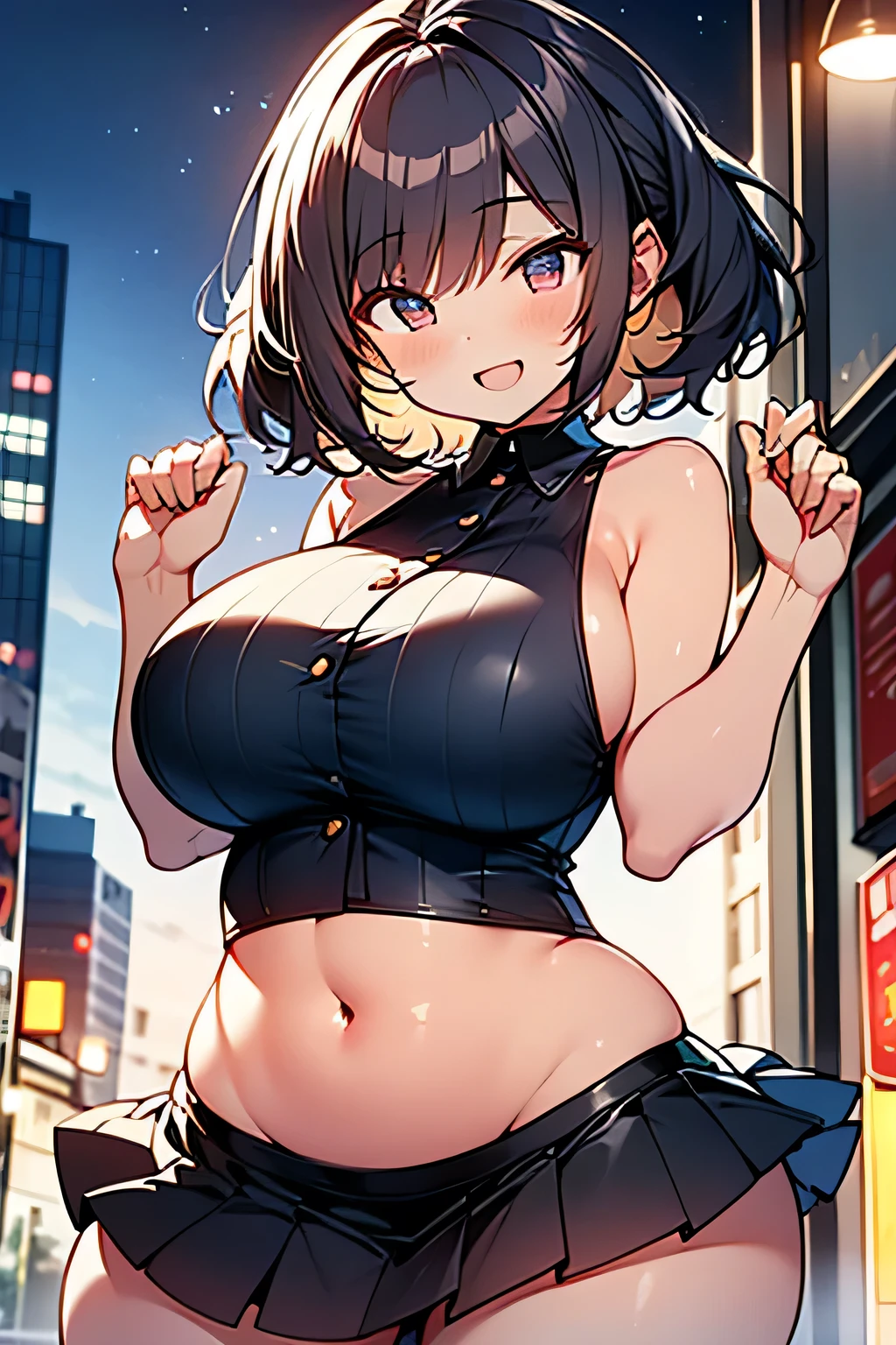  animated illustration、 High Resolution 、smile、 height 155 cm、Late night downtown、Big breasted gal、 sleeveless knitted shirt 、 pleated miniskirt 、 perfect proportions、 cowboy shots、 insanely big boobs、Fatty legs、Small belly button、Sharp Eyes、 hands correctly