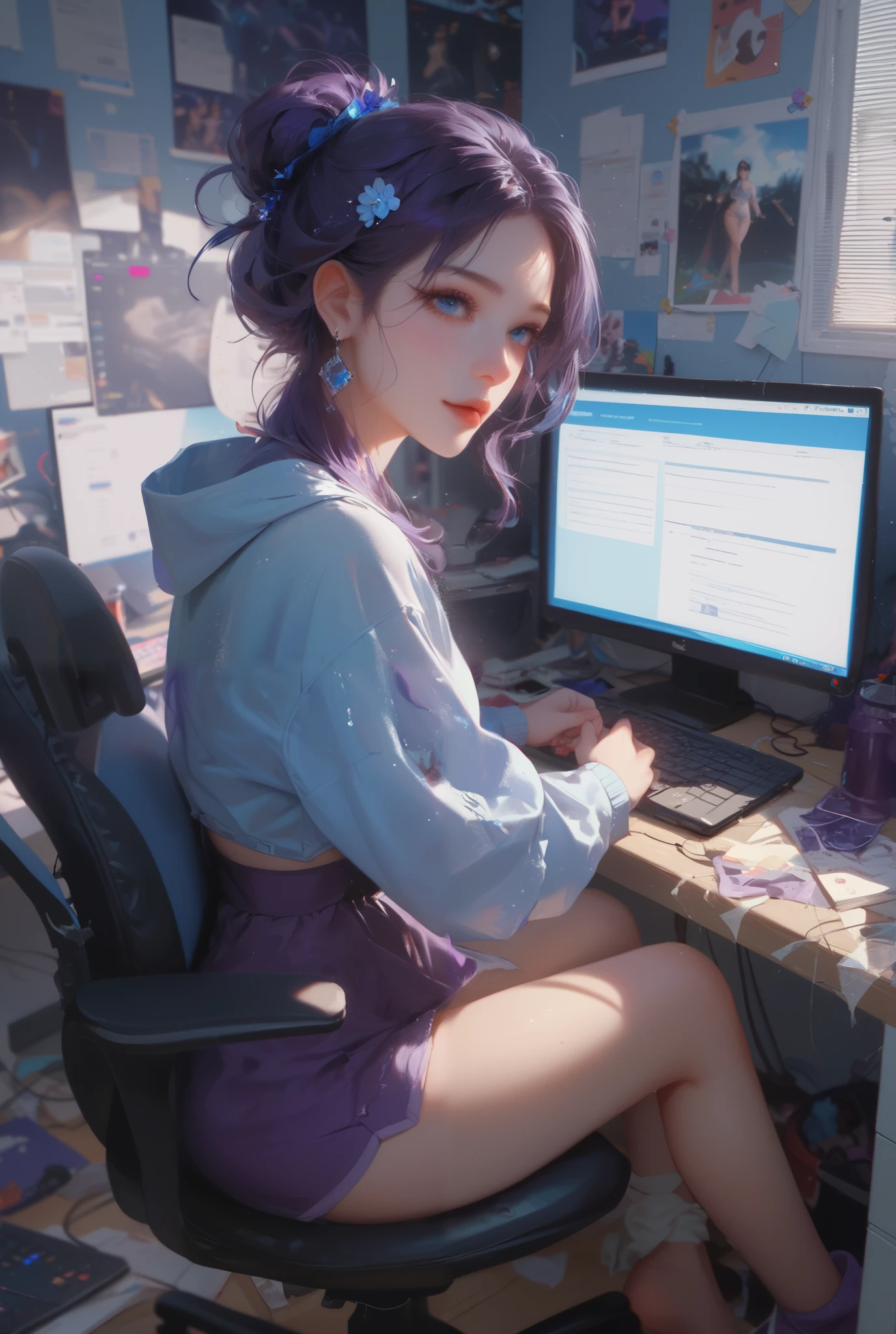 Use electric colour scheme to generate a dynamic illustration of a beautiful 22-year-old woman with pale skin, dark purple hair, and light blue eyes, sitting in a dark and messy room illuminated by only a computer screen; she is looking at the computer; she is wearing comfy clothes. High Resolution, Masterpiece, Anatomically Correct, Accurate, High Details, High Quality.