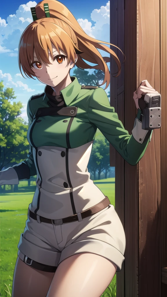 seryuuubiquitous, seryuu ubiquitous, brown hair, (brown eyes:1.3), uniform, gauntlets, green uniform, military uniform, long sleeves, ponytail, long hair, smile,
BREAK ,
BREAK outdoors, nature, forest, trees, grass, sky, clouds,
BREAK looking at viewer, (cowboy shot:1.5),
BREAK (masterpiece:1.2), best quality, high resolution, unity 8k wallpaper, (illustration:0.8), (beautiful detailed eyes:1.6), extremely detailed face, perfect lighting, extremely detailed CG, (perfect hands, perfect anatomy),