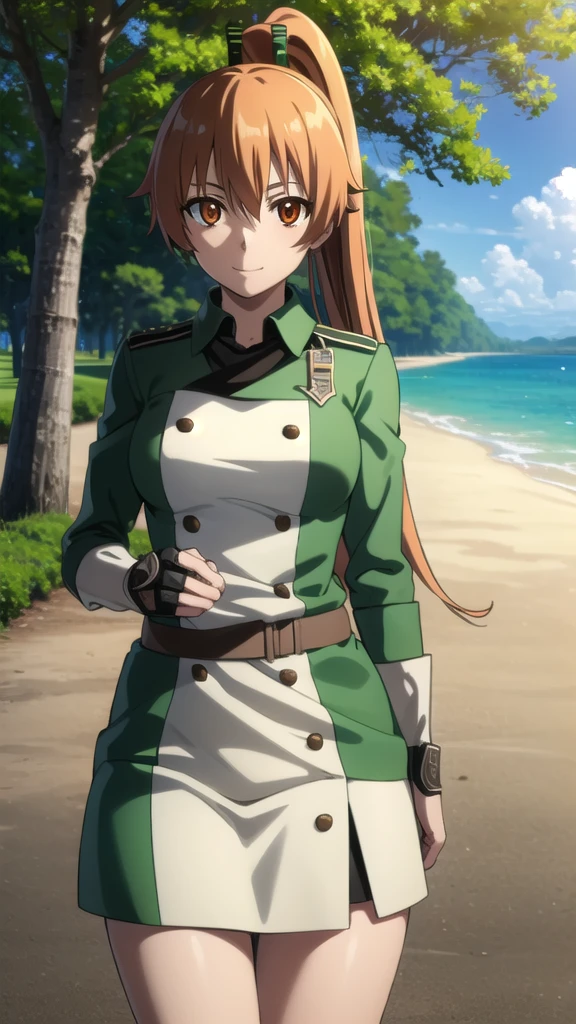 seryuuubiquitous, seryuu ubiquitous, brown hair, (brown eyes:1.3), uniform, gauntlets, green uniform, military uniform, long sleeves, ponytail, long hair, smile,
BREAK ,
BREAK outdoors, nature, forest, trees, grass, sky, clouds,
BREAK looking at viewer, (cowboy shot:1.5),
BREAK (masterpiece:1.2), best quality, high resolution, unity 8k wallpaper, (illustration:0.8), (beautiful detailed eyes:1.6), extremely detailed face, perfect lighting, extremely detailed CG, (perfect hands, perfect anatomy),