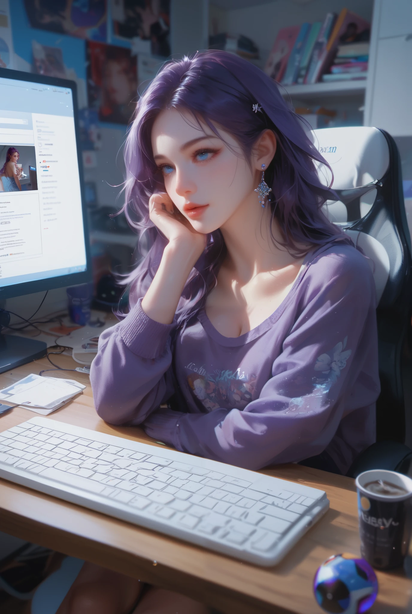 Use electric colour scheme to generate a dynamic illustration of a beautiful 22-year-old woman with pale skin, dark purple hair, and light blue eyes, sitting in a dark and messy room illuminated by only a computer screen; she is looking at the computer; she is wearing comfy clothes. High Resolution, Masterpiece, Anatomically Correct, Accurate, High Details, High Quality.