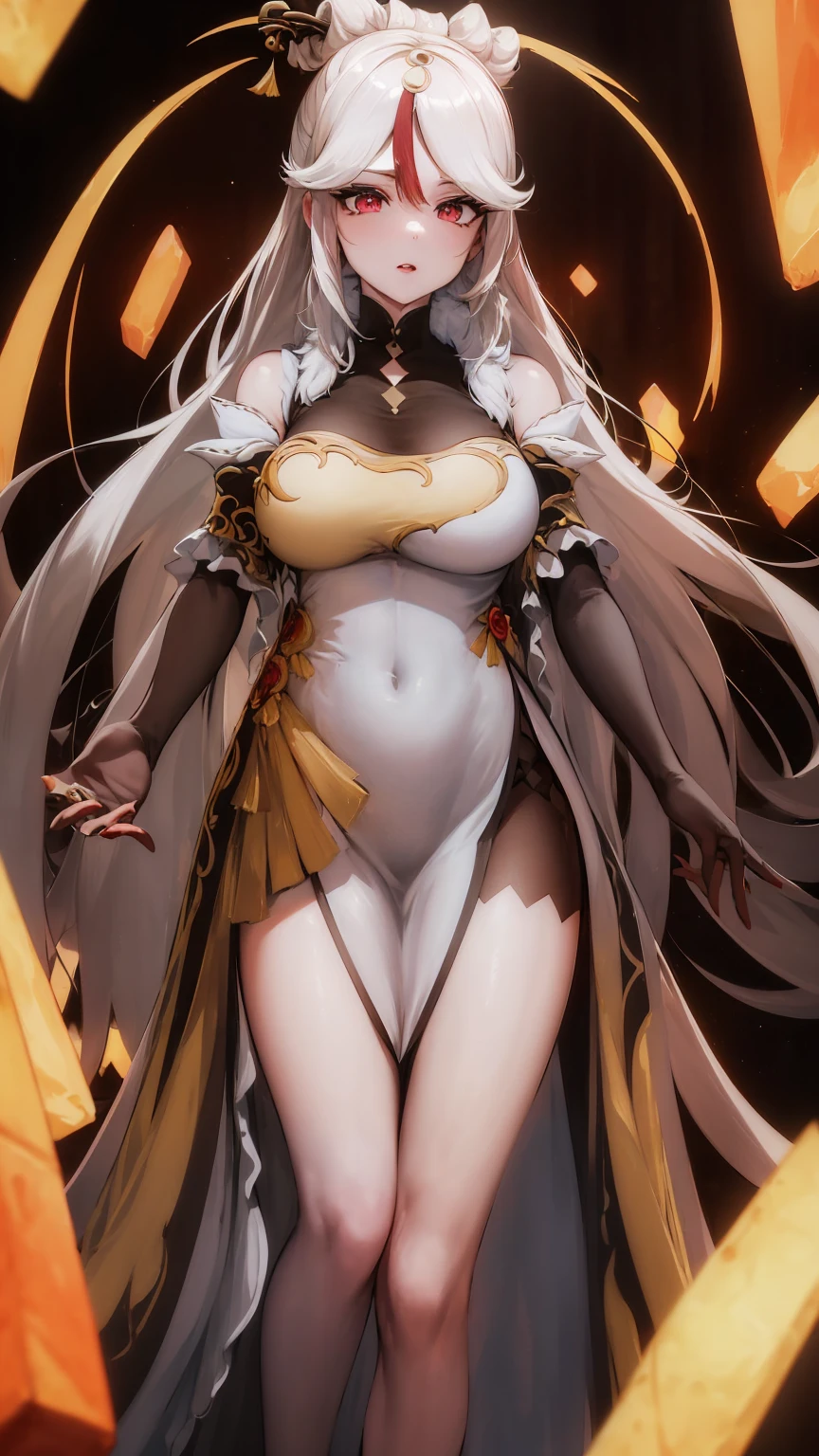 (masterpiece, 4k, high quality, highly detailed, detailed face, sexy, kneel, white lingerie, vivid colors, natural lighting, amazing background), demon tail, seductive face, serious, ((adult woman)), straight cut hair bangs, long hair, big bust, ((white hair with red locks)), grey skin, ((yellow eyes)), demon horns, heels, good anatomy, evil, emotionless, intimidant, beautiful eyes, dark background, detailed eyes