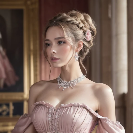 (masterpiece),(Highest image quality),top quality,(extremely detailed),4K,(8K),super detailed,realistic,1 girl,blond hair,Off-Shoulder,ball gown,pink dress,tiara