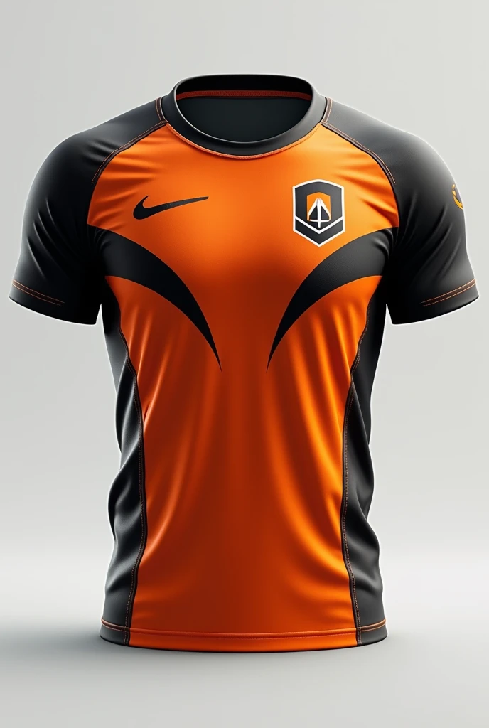 I would like you to create a shirt for a football team that has black and white on the sleeves., but on the chest and back orange and with white details