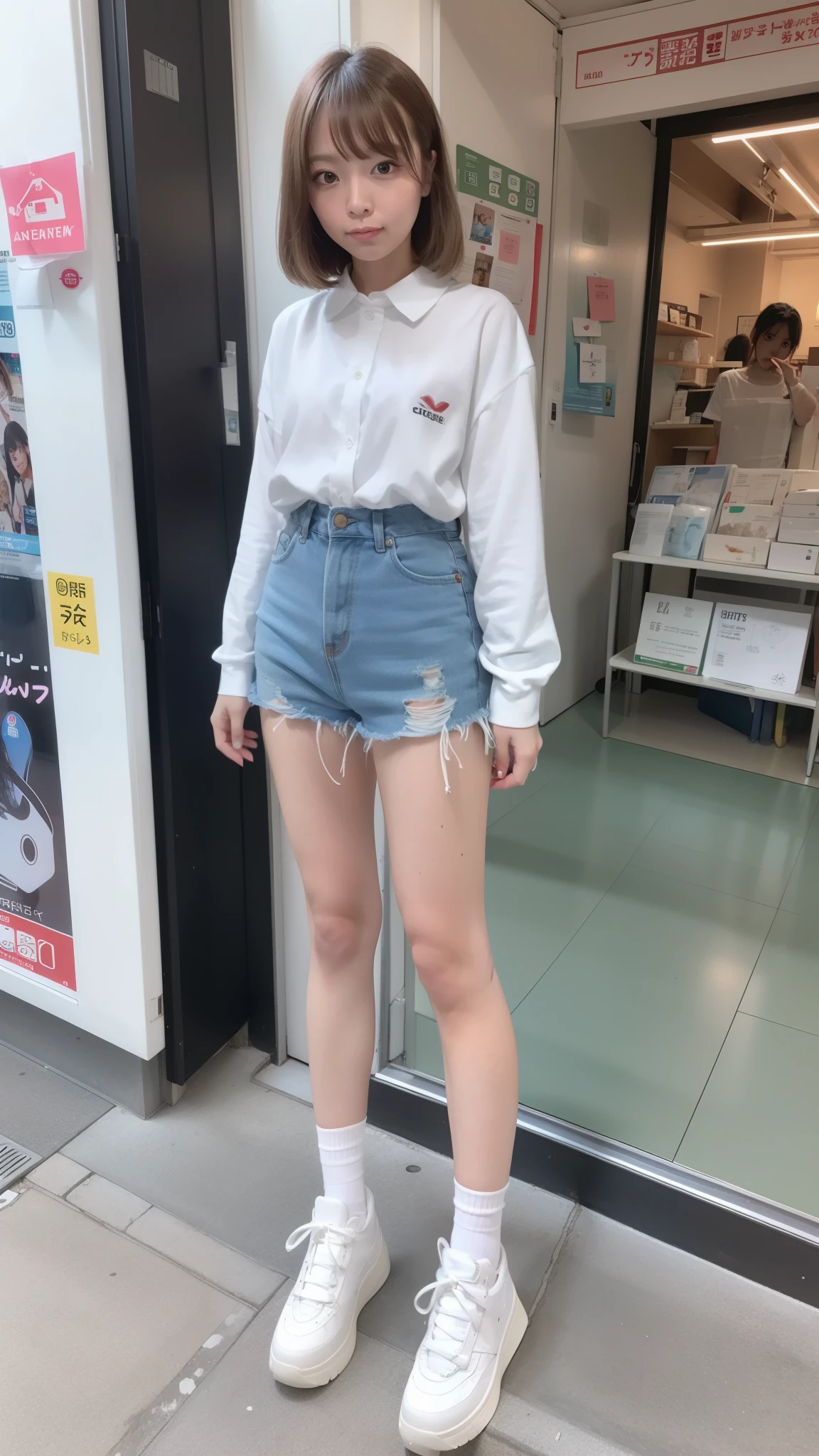 22w 2020s fashion, full body of a 20-year-old Japanese beauty sitting, snapshot not looking at the camera, double and big eyes, face is downcast, beautiful thighs