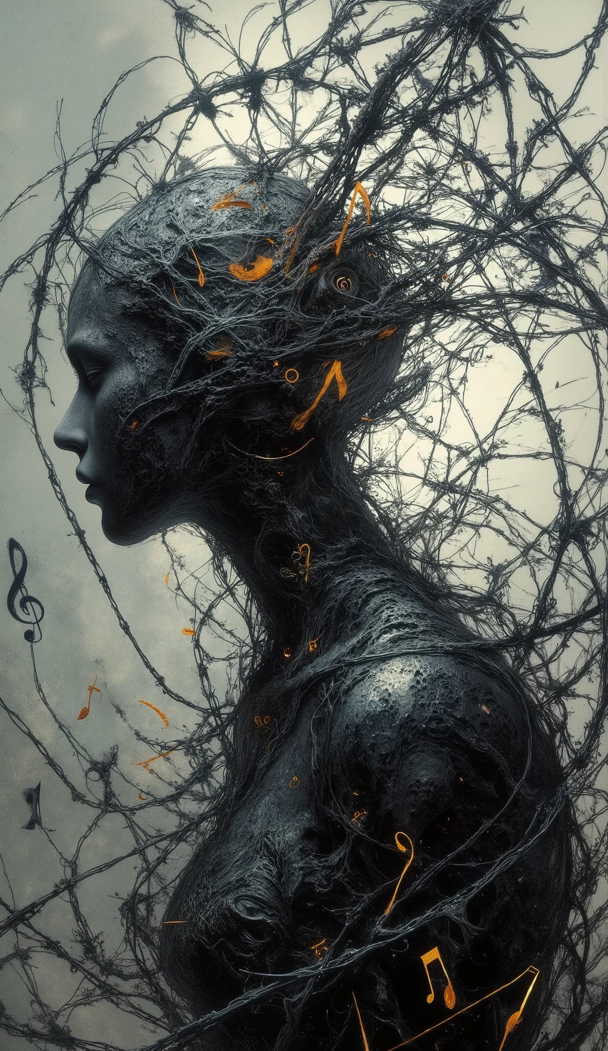 barbed wire, with music notes scattered all over it.