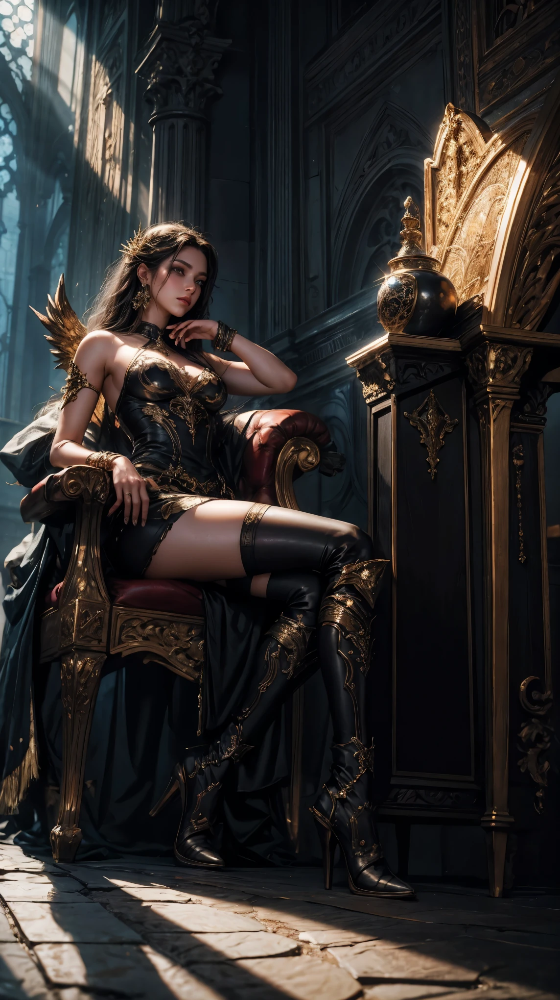 RAW Photos,black light, hair blonde, dark surroundings, Dark masterpiece, mulher fair brown-skinned, SITTING ON A THRONE, black roses, posing photo, long hair, hair blonde, black witchcraft, red geometric shiny background, full body size, Eastern fantasy theme, Eyes red, underworld, cold stare, Dark clothes, long and tight, fair brown-skinned, color classification, dark illustration, extreme quality, Radiant, extremely detaild, Face ultra detailed, ultra hd 8k, ultradigitality, mythical, black lightning, Conceital Art Portrait of Greg Rutkowski, artgerm, hyperdetailed, intricately detailed Gothic art, dark gothic fantasy style, triadic colors, Fantastic, intricate-detail, opening screen, colors complementary, fantasy concept art, 8K resolution, masterpiece of gothic deviantart, Heavy strokes, soft lighting, Surrealism