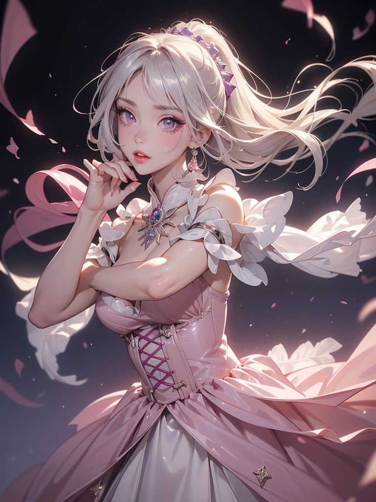 Hair tied on both sides with ribbons、pretty girl。 She was wearing a frilly pink dress.、Her cleavage is visible and her breasts are small enough to fit in one hand.。
Body in a state of readiness、The face is looking forward。