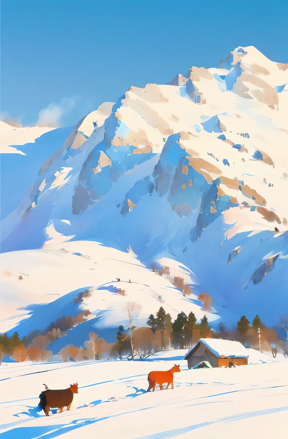 A cow is passing through the snow, with thick snow on the roof. There are huge snow-capped mountains all around, snow is falling, The illustration is drawn in a flat style with colored lines. The composition perspective is a bird's-eye view, looking down from the air, similar to Van Gogh's paintings. Close-up. K --ar 3 :4 --s 1000 --niji 6 mode:Midjourney niji 6