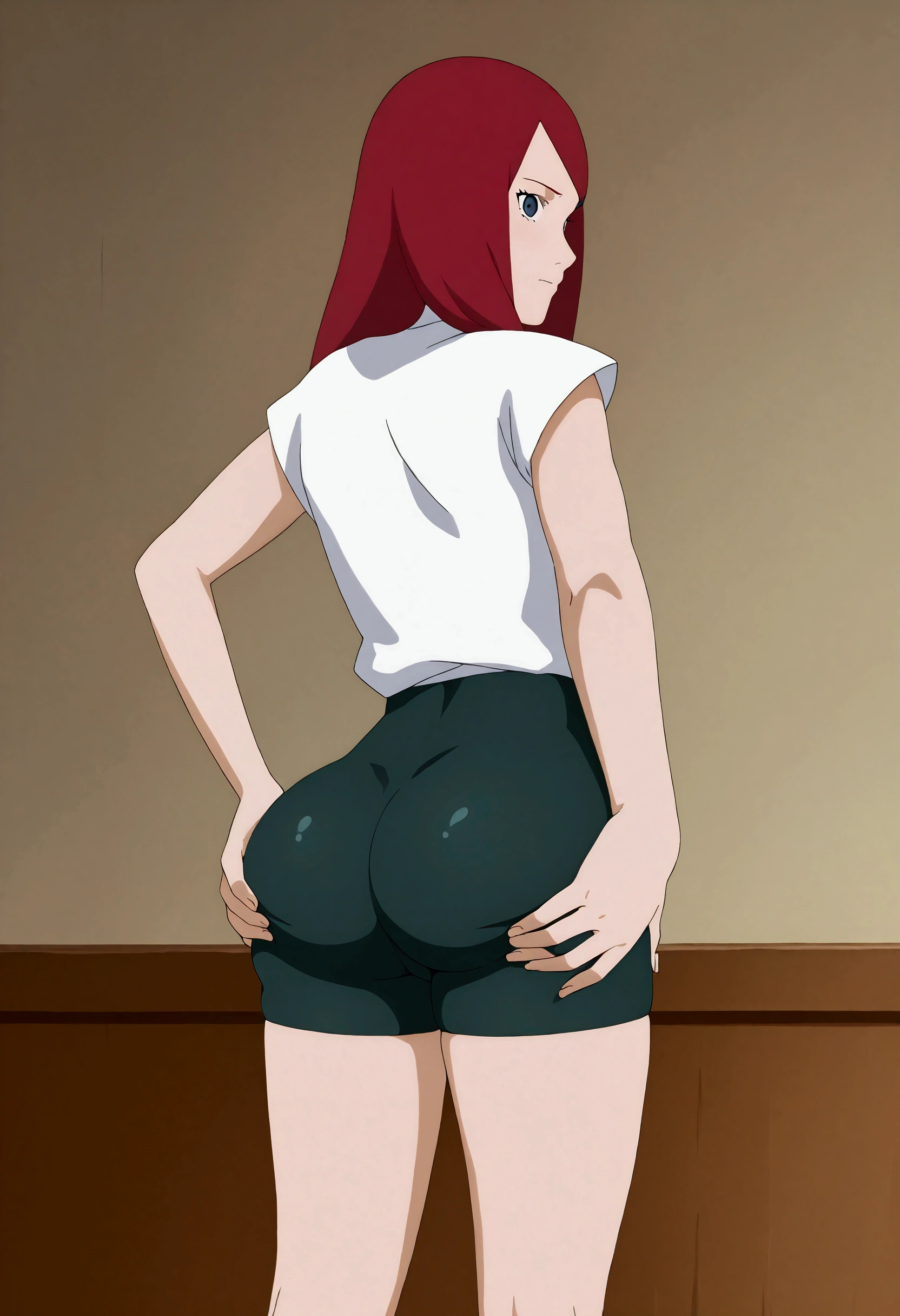 1girl, solo, detailed face, detailed eyes, rias gremory, serious, (one eye closed;1.1), standing, huge breasts, (ass:1.3), huge ass, wide hips, denim shorts, short shorts, g-string, (white tank top:1.1), window, indoors