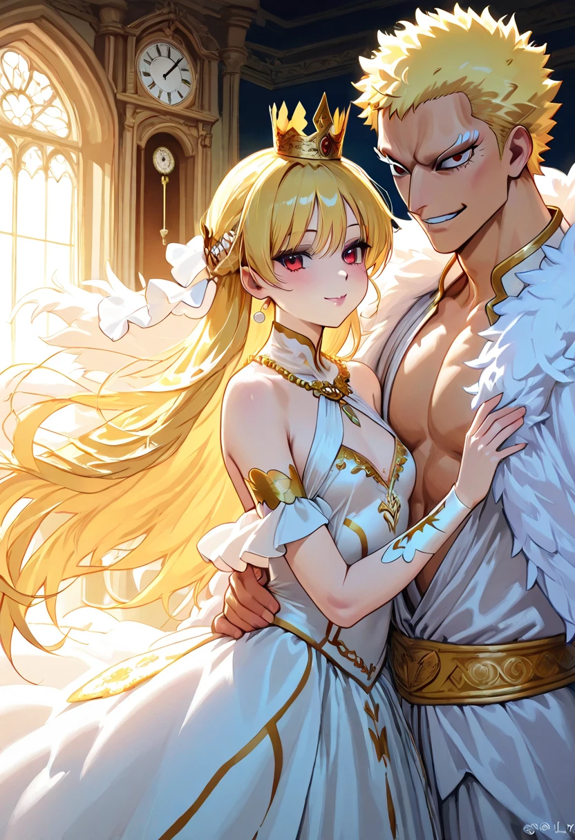 ((Highest quality)), ((masterpiece)), (detailed), (Perfect Face)、The woman was a great angel who became the Greek goddess Hera.6An archangel and god with wings and a shining halo above his head.々Goddess Tiara, wife of Zeus, king of the gods, and queen of the sacred gods.、The woman was the beautiful goddess Goddess Tiare, queen of the one and only god Zeus, with green eyes and medium-long blonde hair. She was wearing a pure white chemise dress with gorgeous gold embroidery and trimmings, a gorgeous vintage wedding veil, gorgeous jewelry and decorations, an engagement ring, and gorgeous accessories. She was an elegant goddess, the graceful and beautiful goddess and queen of the gods, Goddess Tiare.