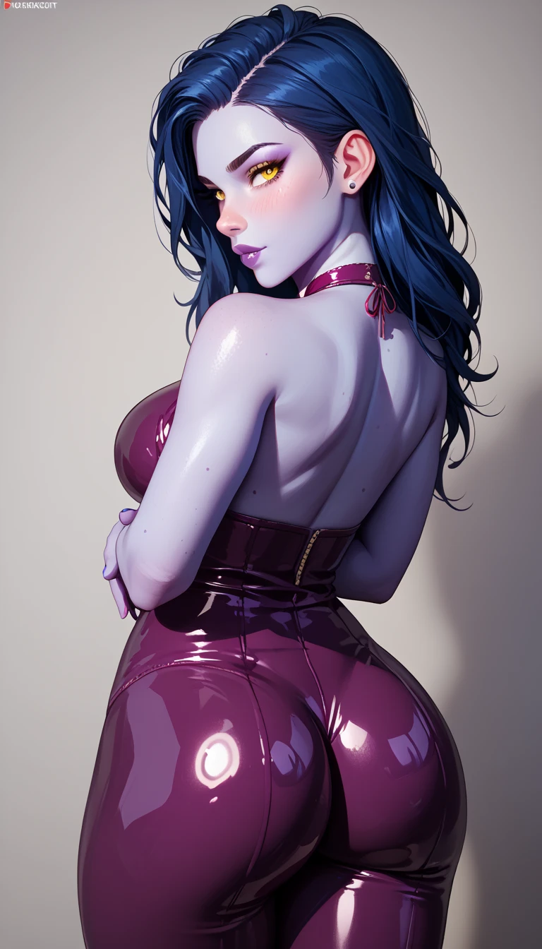 Hot young girl with purple skins color long dark blue hair and yellow eyes big brest and ass and small waist. She is fit. She is wearing latex tight fully covering dark purple suit . Her hair is covered in sbow She is standing . She is holding her hands on her hips. She is blushing. View from the front. She has long legs.