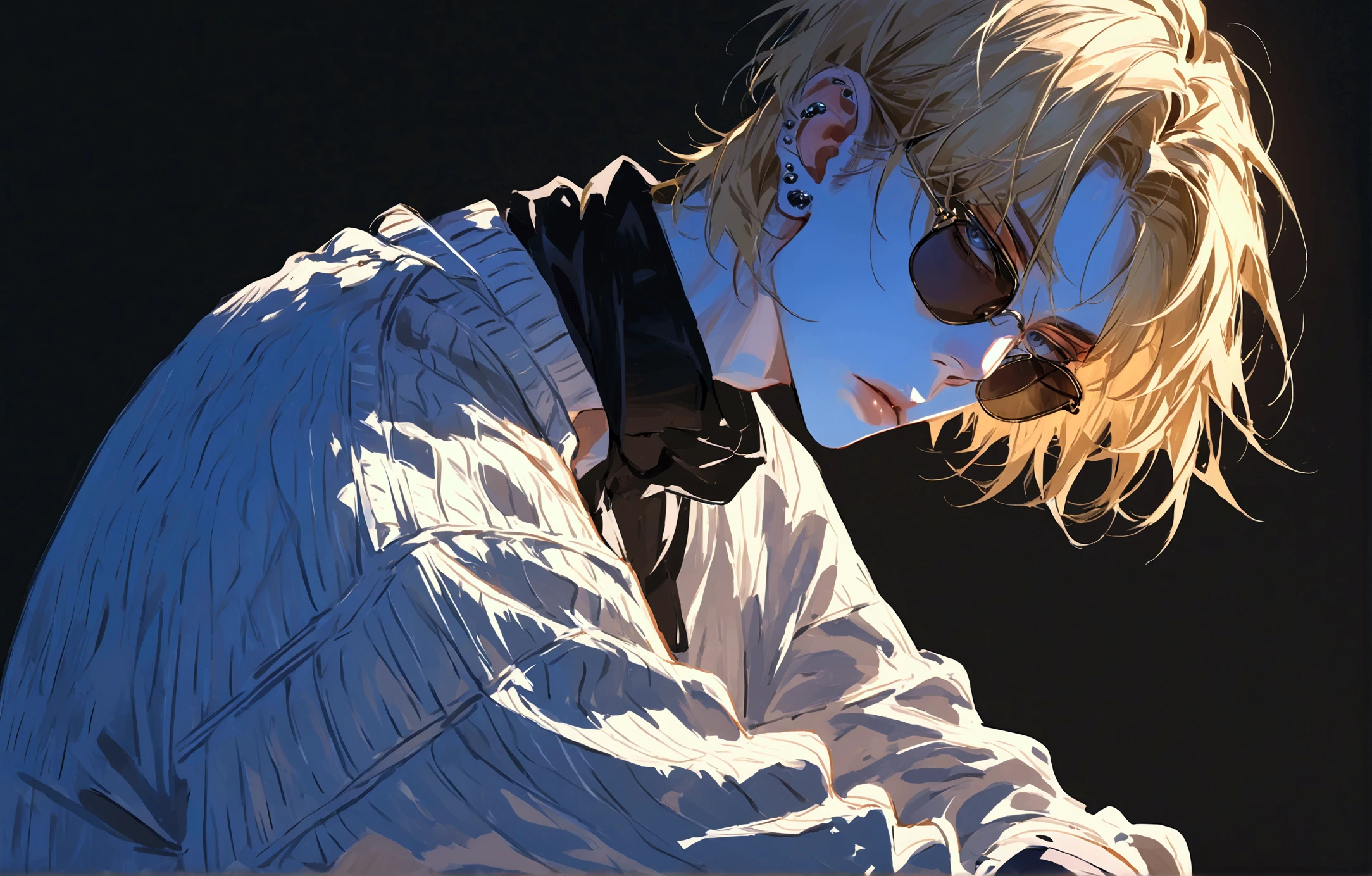  impasto,  short hair, Masterpiece,  best quality , 1 person , blonde hair ,  perfect face ,  GLAY Eye  ,   handsome man   , Alone,  blue-white skin ,  adult male  ,  upper body , Delicate line drawing, side View ,  very detailed ,  black background , sketch ,  Stylish clothes , black sunglasses , white cardigan, modern style , piercing , Sneaker , sit