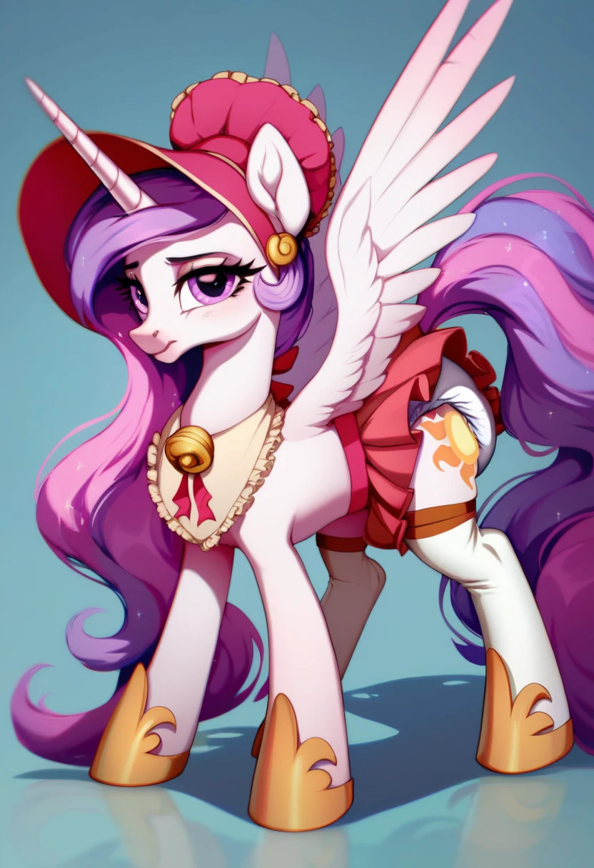 alicorn pony alone , adult mare, Princess Celestia, , the mane is gathered in a dark pink bonnet ,  purple eyes , stands on four hooves ,  wide open back hooves ,  dressed in a fancy pink dress with ruffles and frills with a short skirt ,  around her neck with a white bib with gold trim on the edges with pink lettering in the middle:  x} “stupid guilty filly” ,  steel collar with a purple tint and a bell with the tag of a sad sun under her bib,  white stockings and pink booties over hoof socks ,  big golden pacifier in the mouth with straps , thick diaper under clothes,  pink plastic panties over a diaper , solo,  simple background.