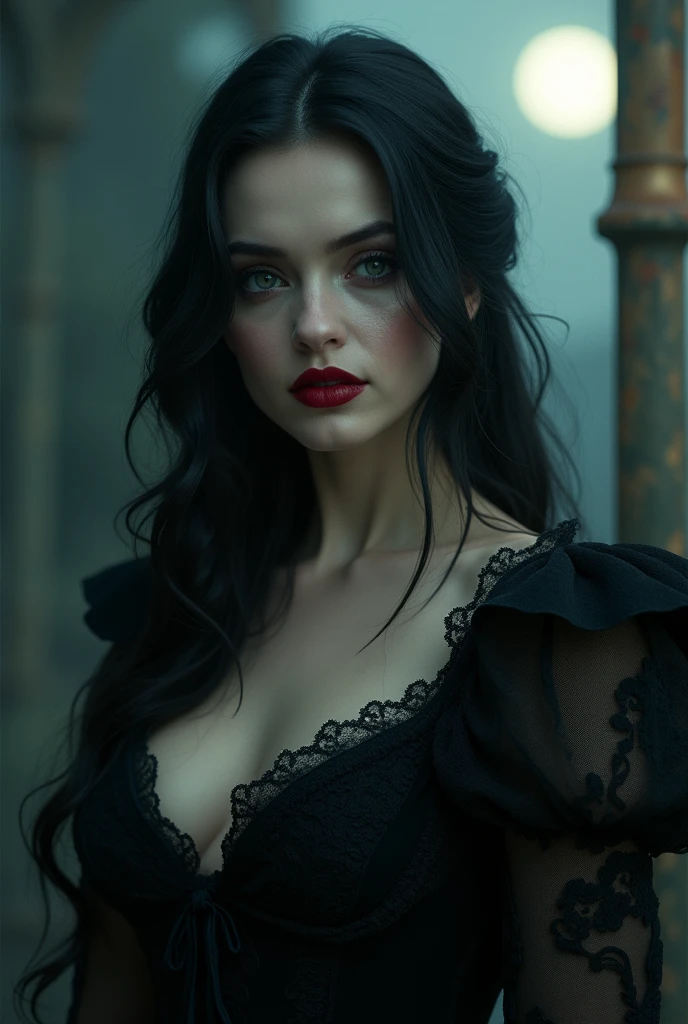 (masterpiece:1.7, best quality, ultra detailed, moonlight lights ratio, ultra realistic:1.3), Cinematic lighting:0.7, Diana, a true Ventrue, sits in an elegant colonial armchair and emerges an intimidating presence that numbs even the most sadistic MALKAVIAN. Her pale skin and small pink mouth, wearing a richly detailed corset with gold accents, contrast with her black hair, bringing an air of elegance and intimidation; (night, full moon natural lighting, Vampire The Masquerade, James O'Barr directors cut, photo by Alexander Mavrin), pale shiny skin, thin, sharp focus on rare face, perfect eyes, photorealistic, film grain, looking at camera, emphasize shoulders, foggy, misty, noir portrait, tilted, volumetric dust, key light, ray tracing, film grain ISO 800, 16 mm lens, RAW f1.8 aperture, analog photography, HDR colors, gothic interior, dark, elegant, and intimidating atmosphere
