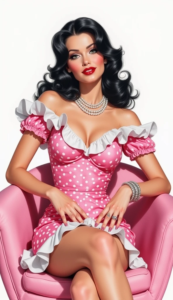 photo of (clsin:0.99), a beautiful smiling brunette woman, tight close up shot, 50s house wife, pink and black polka dot dress, pearl necklace, vacuuming the rug, background is a 1950's living room, bokeh, foreground objects background details (masterpiece:1.2)