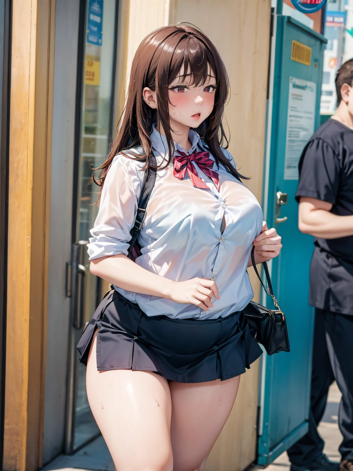 (((no glasses))), 1girl, (((17 years old))), (((huge bureast:1.5))), brown ponytail,(blush:1.5), shy face, (open mouth wide:1.3),((beautiful anime eyes with fine detail)), realistic skin, (intricate details), (((white blouse))),(((navy blue pleated miniskirt))), (tie), socks, nsfw, upskirt, A strong wind blows from below, white panties, skirt turned up, best lighting, depth field, ((ultra high resolution, high res)), {highres}, {{very fine 8KCG wallpapers}}, {{very precise detailed}}, ((((masterpiece)))), detailed Tokyo streetscape
