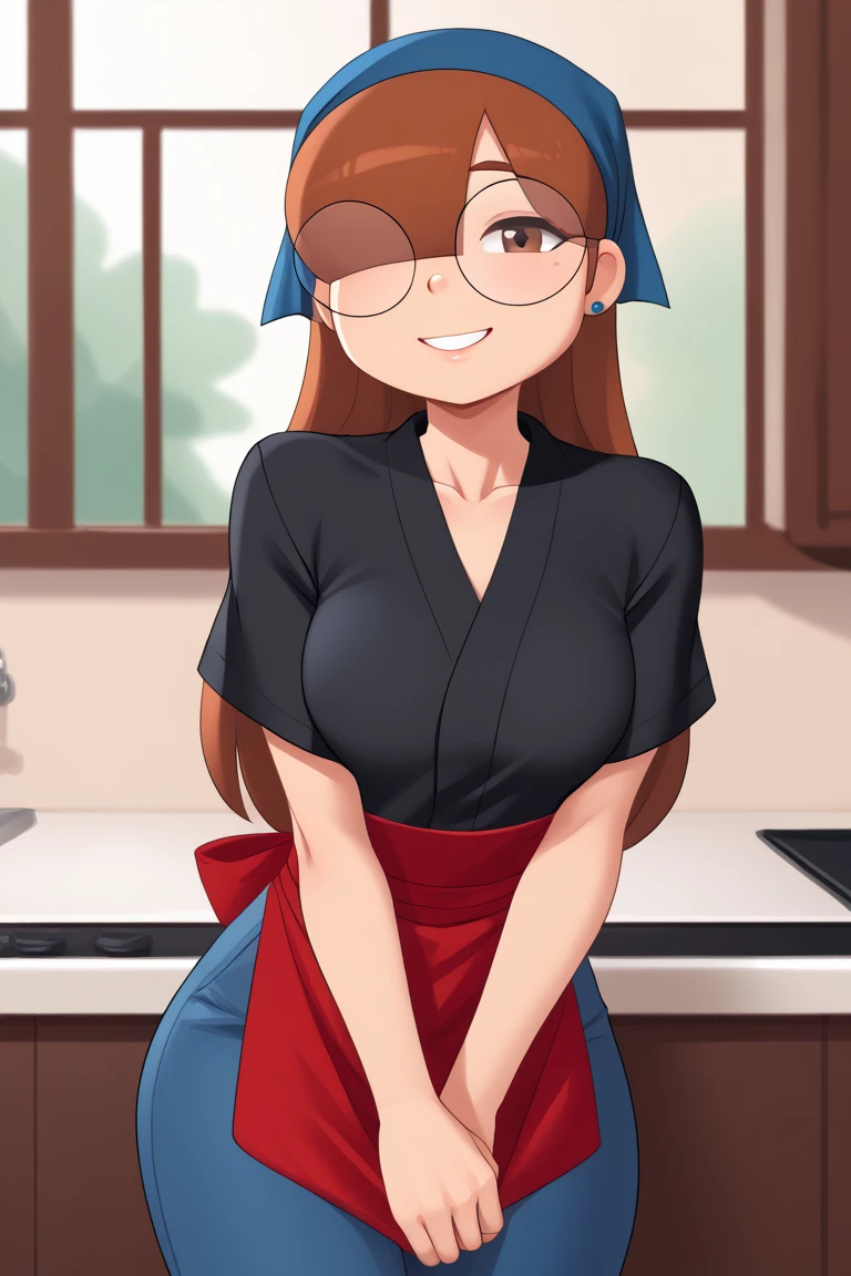 score_9, score_8_up, score_7_up, score_6_up, score_5_up, score_4_up, 1girl, solo, rating_explicit, source_cartoon, Emma_Donchibi_Style, red-brown hair, hair over eyes, blunt bangs,
black-framed eyewear, brown eyes, circular rim glasses, round eyewear, hair over one eye, long hair hairband, earrings, perfectly round breasts, wide hips, 
beautiful, sexy, cute, medium breasts, standing, smile, fca style, half body, eyebrows, red apron, japanese clothes, kimono, black shirt, blue pants, blue head scarf,short sleeves, indoor, sexy pose, smile, looking at viewer,