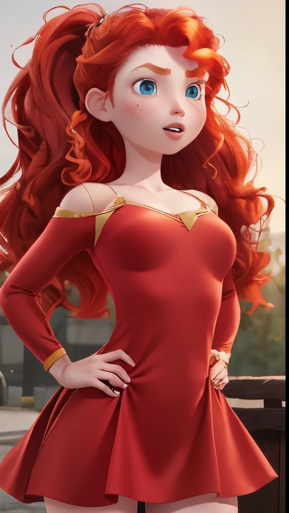 (best quality:1.4),(shiny skin), body focus, (cute face), (((best quality))), illustration, ((Beautiful Finger)), Beautiful body, Beautiful character design,perfect lighting, Colorful, Bright_Front_face_Lighting, ultra high res, highres, absurdres:1.2, bokeh:1.2, lens flare, (vibrant_color:1.2), (Beautiful, medium breasts:1.6), (thick thighs:1.1), THICK, ponytail red hair, beautiful eyes, thin eyebrows, light skin, tight dress, mini skiy, surprised expression, detailed eyes, blushing cheeks, (pixar:1.1),