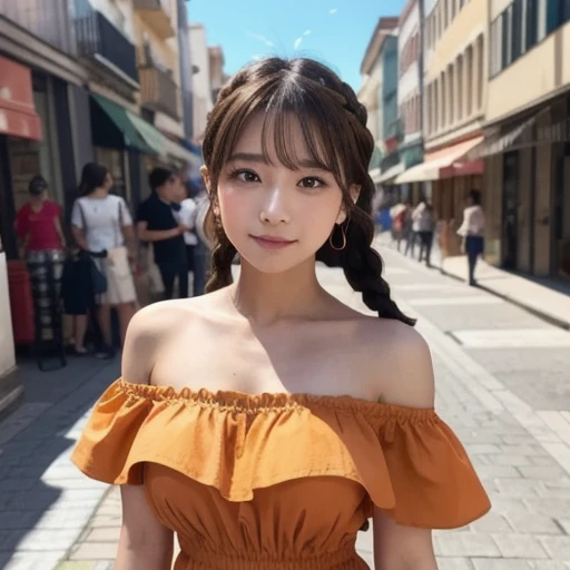 a woman posing on the street corner with orange dress on,  best quality , 1peopleの女の子,  big breasts, day,  bright ,  blur background, Bokeh,  outdoor, (street:0.8), (people々, crowd:0.8), (  off shoulder dress:1.2), nice, ( braided bangs :1.2),   beautiful detailed sky  , ( dynamic pose :1.2),  Soft Writing, wind,  Shiny Skin, ( upper body:0.8), (Freckles:0.8),  moles around the mouth, 