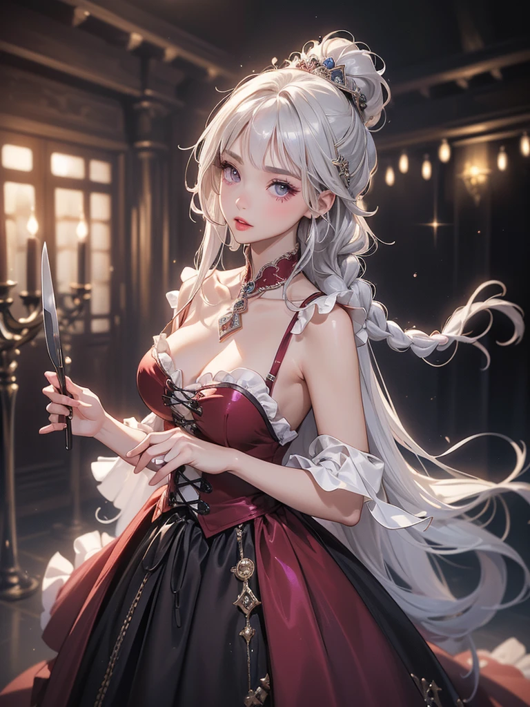 {{{masterpiece}}}}, {{{Super detailed}}}, {{{high resolution}}}, {{Good anatomy}}, (((best breasts))), ((Extremely exquisite and beautiful)), {{Extremely detailed and refined}}, {8k cg wallpaper}, {{Implications}},masterpiece,highest quality,White hair and red eyes anime girl, Gothic Lolita Clothes,Kishi Ganku's character portrait,Slender legs, PIXIV,Legs open,Legs open, Off-shoulder,Short skirt, perfet silver hair, Silver-haired girl, Bloom breasts, ((big round breasts: 2.1)), ((Super tight breasts: 1.4)), ((Breast enlargement: 1.9)), Beautiful breasts, Hydrated skin, Visible areola,Beautiful and aesthetic:1.2),
