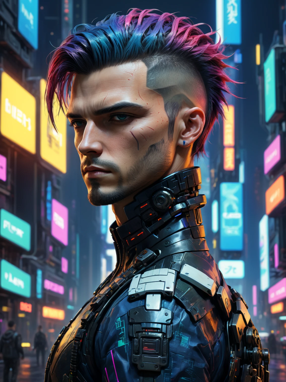 (  Best Quality,  Masterpiece, color,  dynamic view,  Top Details), (8k, Realistic images),
 cyberpunk style ,  tricolor , Cyberpunk scene,  cyberpunk city ,  men,Upright hairstyle