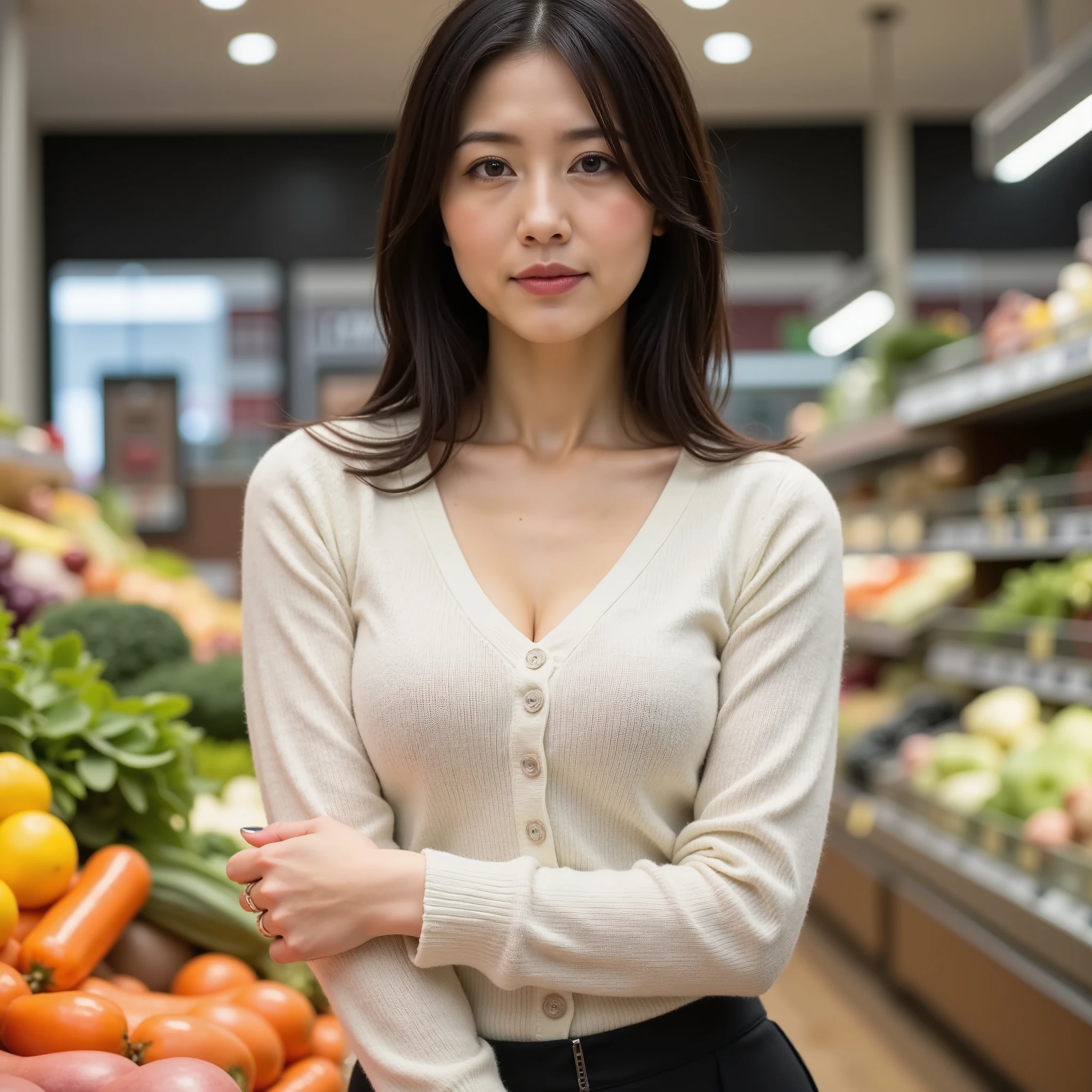  Beautiful Mother-in-Law 　 shopping　 supermarket to pick up vegetables　 black hair　 STRAIGHT LONG HAIR 　 hairpin　 white knit sweater　 beautiful breasts　Above-the-knee skirt　 clear 　 troubled face