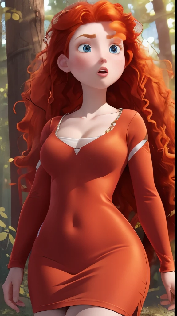 (best quality:1.4),(shiny skin), body focus, (cute face), (((best quality))), illustration, ((Beautiful Finger)), Beautiful body, cleavage, Beautiful character design,perfect lighting, Colorful, Bright_Front_face_Lighting, ultra high res, highres, absurdres:1.2, bokeh:1.2, lens flare, (vibrant_color:1.2), (Beautiful, natural breasts:1.6), (thick thighs:1.1), THICK, ponytail red hair, beautiful eyes, thin eyebrows, light skin, tight dress, mini skiy, surprised expression, detailed eyes, blushing cheeks, (pixar:1.1),
