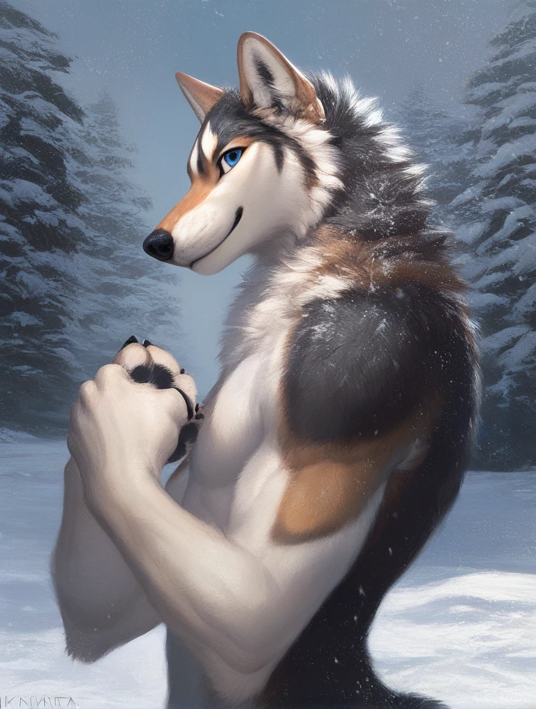 score_9, score_8_up, score_7_up, source_furry, rating_safe, by kenket, anthro, solo, male, husky, blue eyes,, legs, feet, toes,  pawpads, shiny pawpads, strong, outside, snow, body builder, upper body only, looking at viewer, coy, fur, masculine, flexing arms, biceps, side view, eyeing viewer from side
