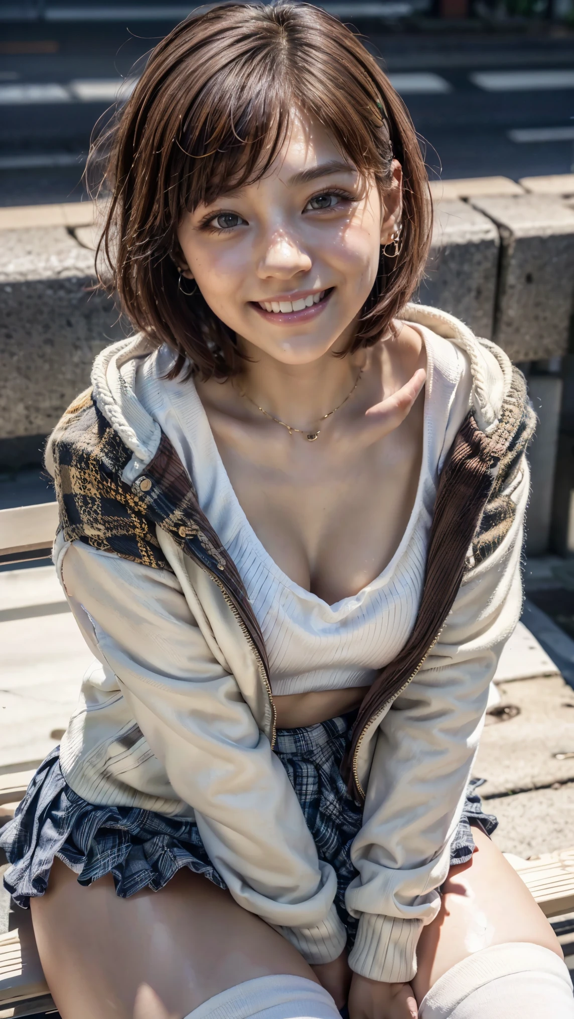 (Wear a winter Tokyo Street :1.3)、(( sitting on a bench))、(( down jacket:1.3))、( sneakers)、( plaid pleated mini skirt:1.3、 over the knee socks:1.5)、( realistic、 as pictured 、live-action、8k,  realistic,  RAW photos,   Highest Image Quality : 1.4),  Single Lens reflex camera 、 RAW photos,  best quality ,  realistic,   highly detailed CG unity 8k wallpaper ,  detailed borders, Cinematic Light,  lens flare,  Ray Tracing,  realistic background、( Thin Thighs)、( very short hair )、(( super dense skin ))、 ((whole body:1.5))、( squint and laugh、 big smile)、 pay attention to the details 、Perfect outfit、(( earrings))、( white skin)、Accurate Arm、Accurate legs、 Accurate Human Anatomical Body 、Accurate fingering、( Aerial View )