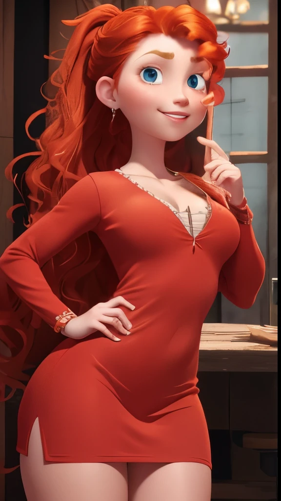 (best quality:1.4),(shiny skin), body focus, (cute face), (((best quality))), illustration, ((Beautiful Finger)), Beautiful body, cleavage, Beautiful character design,perfect lighting, Colorful, Bright_Front_face_Lighting, ultra high res, highres, absurdres:1.2, bokeh:1.2, lens flare, (vibrant_color:1.2), (Beautiful, natural breasts), (thick thighs:1.1), THICK, ponytail red hair, beautiful eyes, thin eyebrows, light skin, tight dress, mini skiy, sensual smile expression, detailed eyes, blushing cheeks, (pixar:1.1),