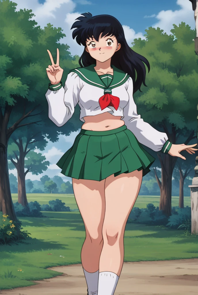  a girl, Alone,  exterior ,  ,   brown eyes,     school uniform  ,(  masterpiece: 1.6,   better quality), (  Pretty and beautiful eyes  : 1.2), (  better quality,   masterpiece, higher), green     school uniform  , soft thighs ,   long sleeves,    white socks   ,  scenography  ,   better quality, ((  animated)) ((Colored))   High Definition, Kagome Higurashi ,    school uniform, Standing, Green skirt, senos medianos,   black hair entre los ojos, The thighs are soft , morbid smile ,  blushing face,  seeing the spectator , school funds ,  black hair, skirt ,Standing, green skirt, serafuku, belly button, pop,  left hand sign of victory, Right hand to hip ,  full body ,  chubby belly  , (circle shaped belly button)