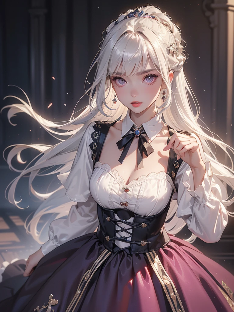 (One girl, 28 years old:1.3), (Realistic:1.4), (masterpiece, highest quality, highest quality, Official Art), Very detailed, Most detailed, (Super detailed), ((Very delicate and beautiful)), Cinematic Light, (Realistically:1.3), (Highly detailed skin:1.2), High resolution, 8k UHD, 4K, 8k, Bokeh, Digital single-lens reflex camera,(Cute older sister:1.3)、Long eyelashes、Slanted Eyes、smile,Spring atmosphere、noon、Aggressive、((Strong winds))、Black knee-high socks、 Dynamic Angle, From above, Moderately breasted, Cleavage, Spread your legs a little、Henry Shirt、skirt、Silver Hair、shy