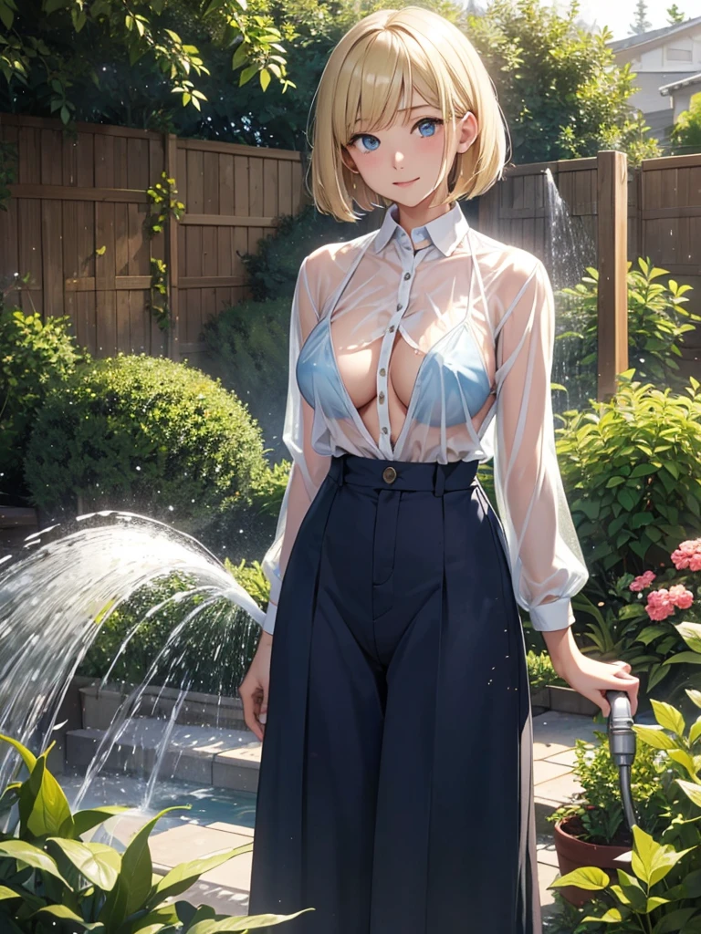 young girl, short blonde hair, high ponytail, blue eyes, Smile, Blue tight shirt, Jeans, Open Showers, two swords, Fly on ropes, Masterpiece, hiquality, 4k, HD, Good detail