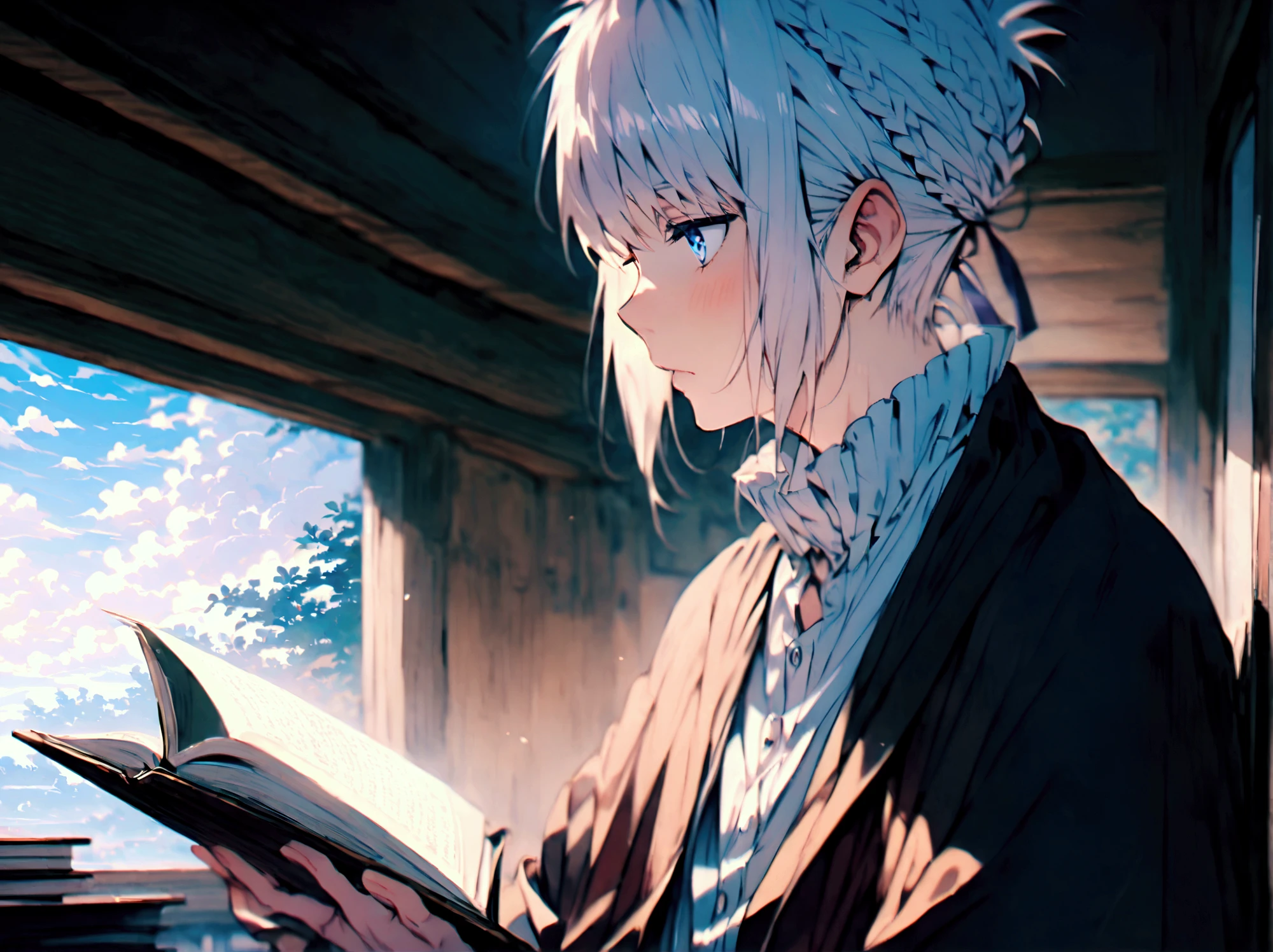 Minato Namikaze, adult,  in profile, reading, book, " Name of the book Minato60"  blue eyes, hair in front of ears ,  Spiked hairstyle 