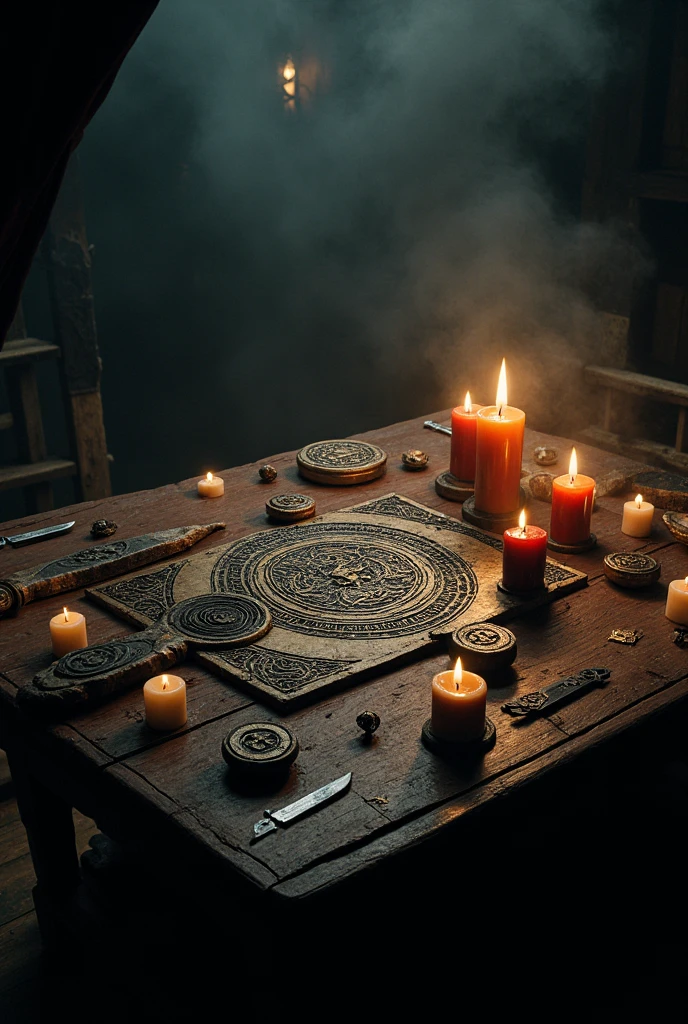  ritual items on a special table, magic candles , a knife,  Magic symbols , icons 